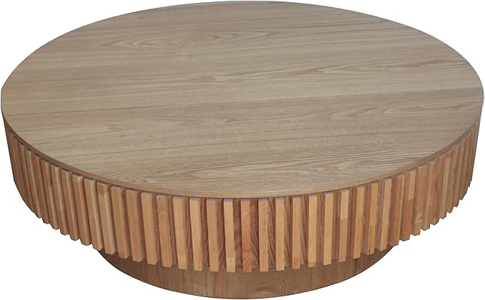 kevinplus 39.37'' Round Coffee Table Modern Wood Circle Fluted Drum Pedestal Coffee Table with Storage Space for Living Room, Easy Assembly, Wood