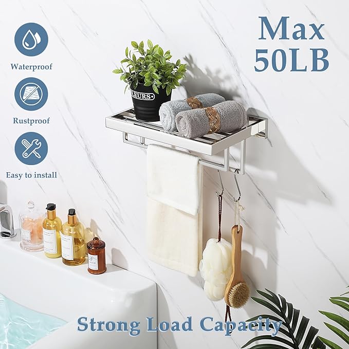 Alise 16 Inch Towel Racks for Bathroom, Towel Rack Wall Mounted with Double Towel Bars, SUS 304 Stainless Steel Towel Shelf, Heavy Duty Hand Towel Holder(Polished Chrome)