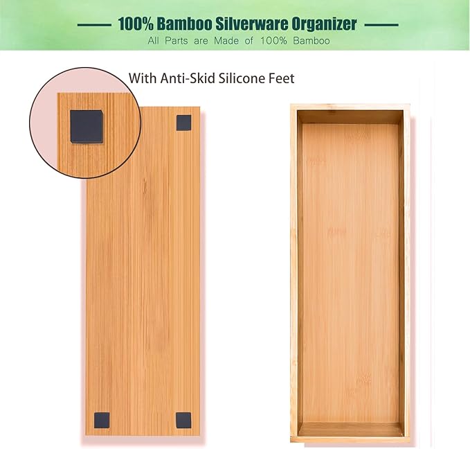 Bamboo Drawer Organizer, Utensil Organizer for Kitchen, Bamboo Storage Box Wood Silverware Tray for Drawer (Set of 4)-NeatNest