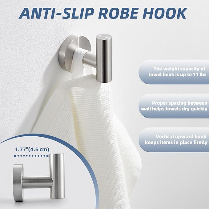 APLusee Brushed Nickel Towel Hook for Bathroom, 304 Stainless Steel Coat Hook, Wall Mounted