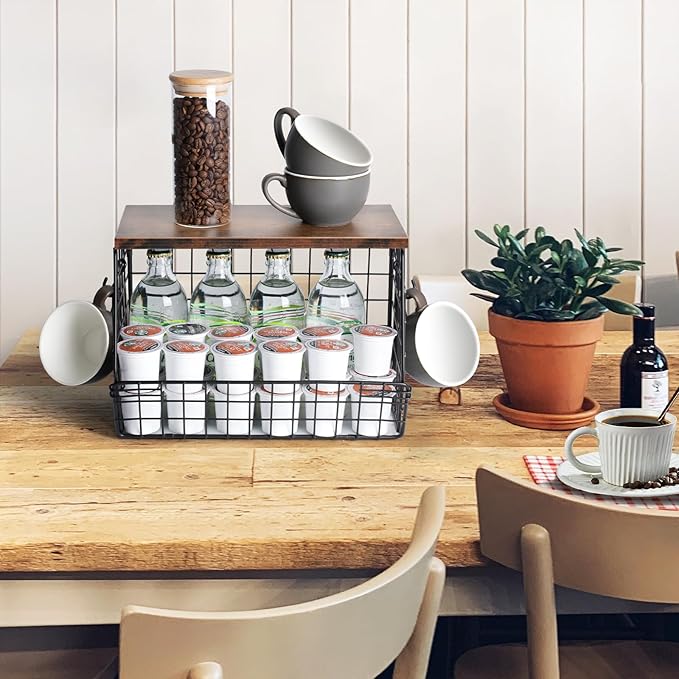 Fruit Bowl for Kitchen Counter Stackable Wall Mounted Hanging Basket Wire Basket with Wood Lid with Banana Hanger Hooks, Onion,Potato,Fruit and Vegetable Storage
