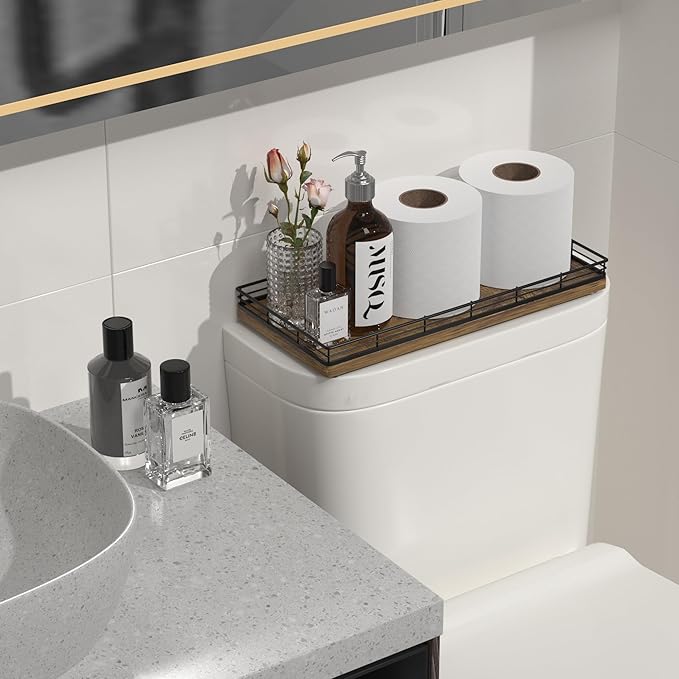 Bathroom Toilet Tank Tray, 13" Wood Storage Basket Back of Toilet Basket Organizer, Vanity Tray for Perfume Makeup Candle Kitchen Counter Coffee Table Bar Decor Rustic-NeatNest