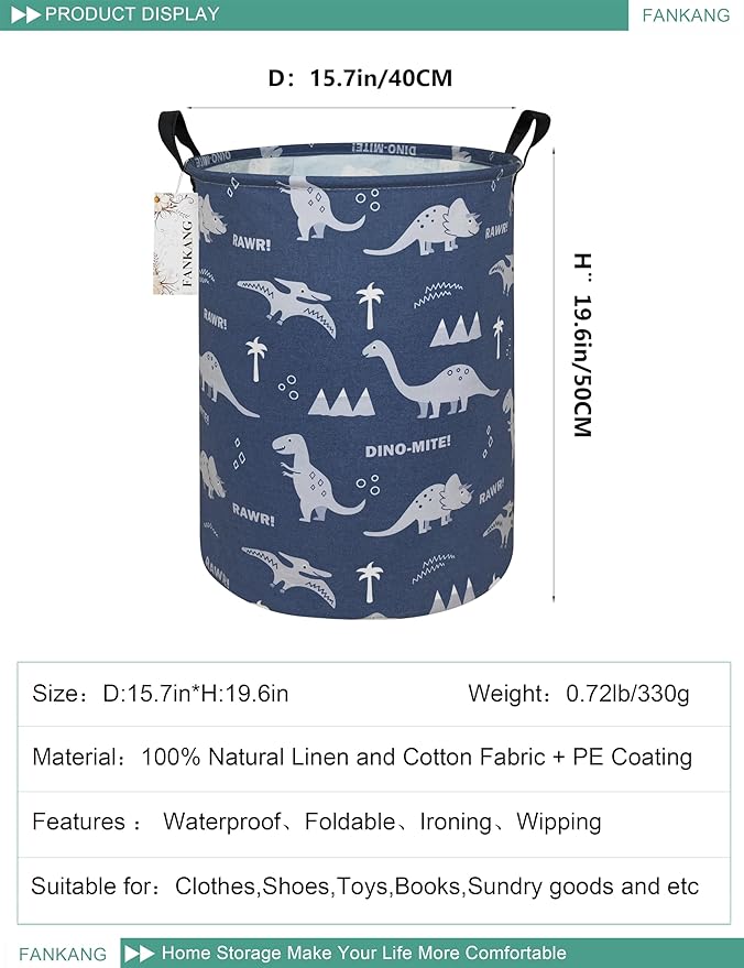 FANKANG Storage Basket, Nursery Hamper Canvas Laundry Basket Foldable with Waterproof PE Coating Large Storage Baskets for Kids Boys and Girls, Office, Bedroom, Clothes,Toys(Blue dinosaur)