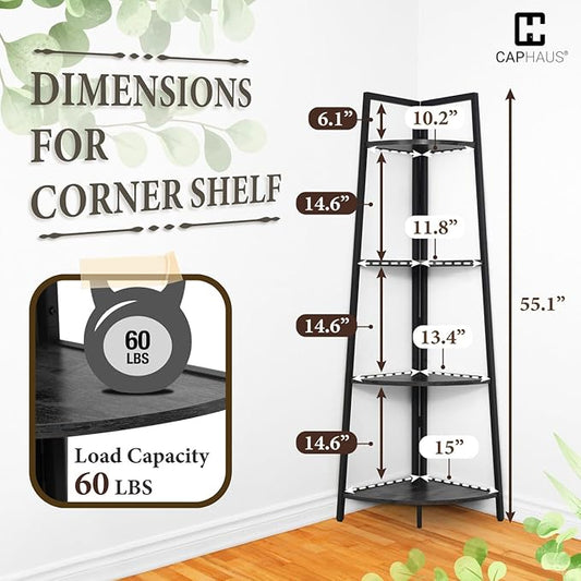 CAPHAUS Tall Corner Shelf Stand, 4-Tier Display Shelves, Ladder Corner Wood Storage Plant Bookshelf with Metal Frame, Versatile Shelving Unit Bookcase for Home Office Space, Black-NeatNest