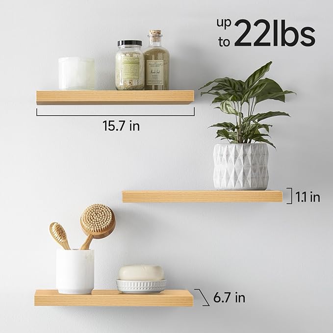 BAYKA Floating Shelves for Wall, Wall Mounted Rustic Wood Shelves for Bathroom, Bedroom, Living Room, Kitchen,Small Hanging Shelf for Books/Storage/Room Decor (Oak-Toned, Set of 3, 15.7in)-NeatNest