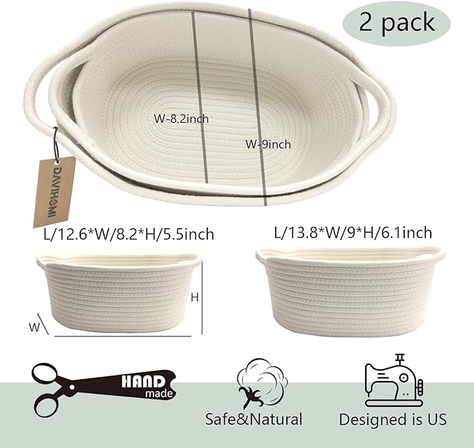 2PACK Small Woven Storage Basket for Organizing|Cotton Rope Basket for Closet Shelving Storage|Gift Basket for Empty with Handles for Toys, Books for Living Room, Bedroom(White)