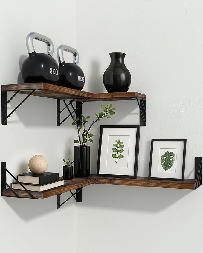 BAYKA Wall Shelves for Bedroom Decor, Floating Wall Shelves for Living Room Kitchen Storage, Wall Mounted Rustic Wood Floating Shelves for Kids Books, Corner Shelf for Bathroom(Rustic Brown,Set of 4)-NeatNest