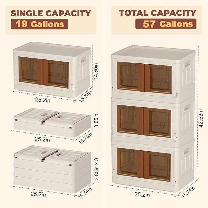 FAHKNS 3 Pack 19 Gallon Collapsible Storage Boxes, Lidded Storage Box with Door and Wheels for Clothes, Tools, Office Supplies, Large Folding Storage Box for Home