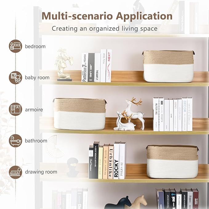 Cotton Rope Storage Baskets, 15x10x9 in, Rectangular, White/Beige-1Pack, Modern, Durable, Easy To Use, Foldable, Laundry, Storage, Decoration-NeatNest