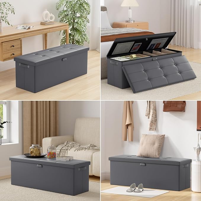 DocSafe Storage Ottoman Bench, Fireproof&Waterproof Folding Bench with Lock(15”x 43”x15”), Leather Storage Chest with Handles&2 Extra Boxes, Ottoman Safe for Bedroom,Living Room,Home Office, Gray-NeatNest