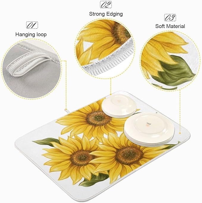 Absorbent Dish Drying Mat for Kitchen Counter - Yellow Sunflower Microfiber Drying Pad, Reversible Drainer Mats for Countertop, Small 16" x 18"
