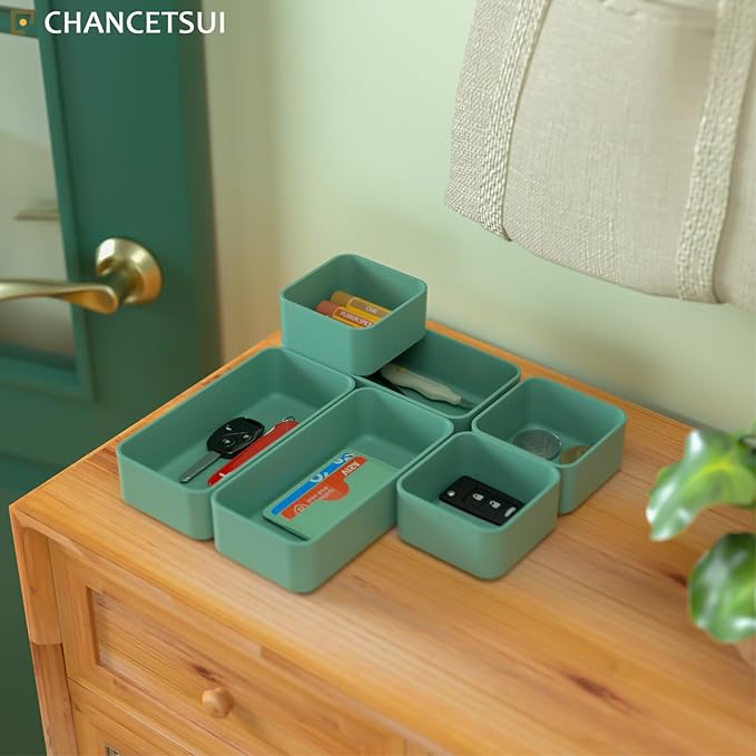 6 Pcs Stackable Drawer Organizer Set Desk Drawer Dividers, Bathroom Vanity Cosmetic Makeup Trays , Multipurpose Plastic Storage Bins for Jewelries, Kitchen Gadgets and Office Accessories, Green-NeatNest