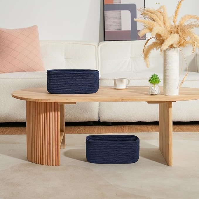 3-Pcs Shelf Baskets for Organizing, Closet Organizer Bins, Small Woven Baskets, Rope Toy Basket, Storage Basket for Shelves, Cube Decorative Box, 11.5×7.5×5.1”, Navy Blue-NeatNest