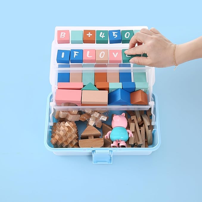 11(in) Versatile Three-Layer Folding Organizer Box,Ideal for Art & Crafts,Toys,Sewing Supplies,Jewelry and Tools,Storage with Dual Trays,Elegant Blue