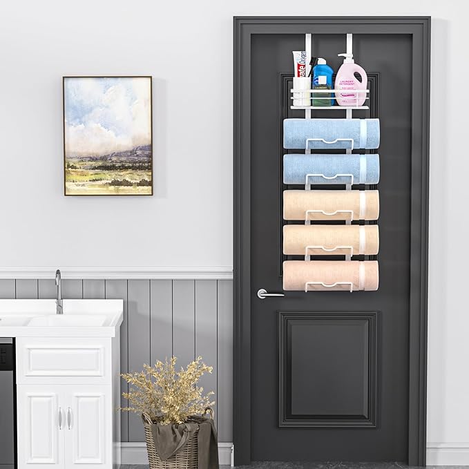 6-Tier Over The Door Towel Rack,Towel Racks for Bathroom, Metal Towel Holder with Storage Basket,Towel Rack for Rolled Towels,Bathroom Shelves,White