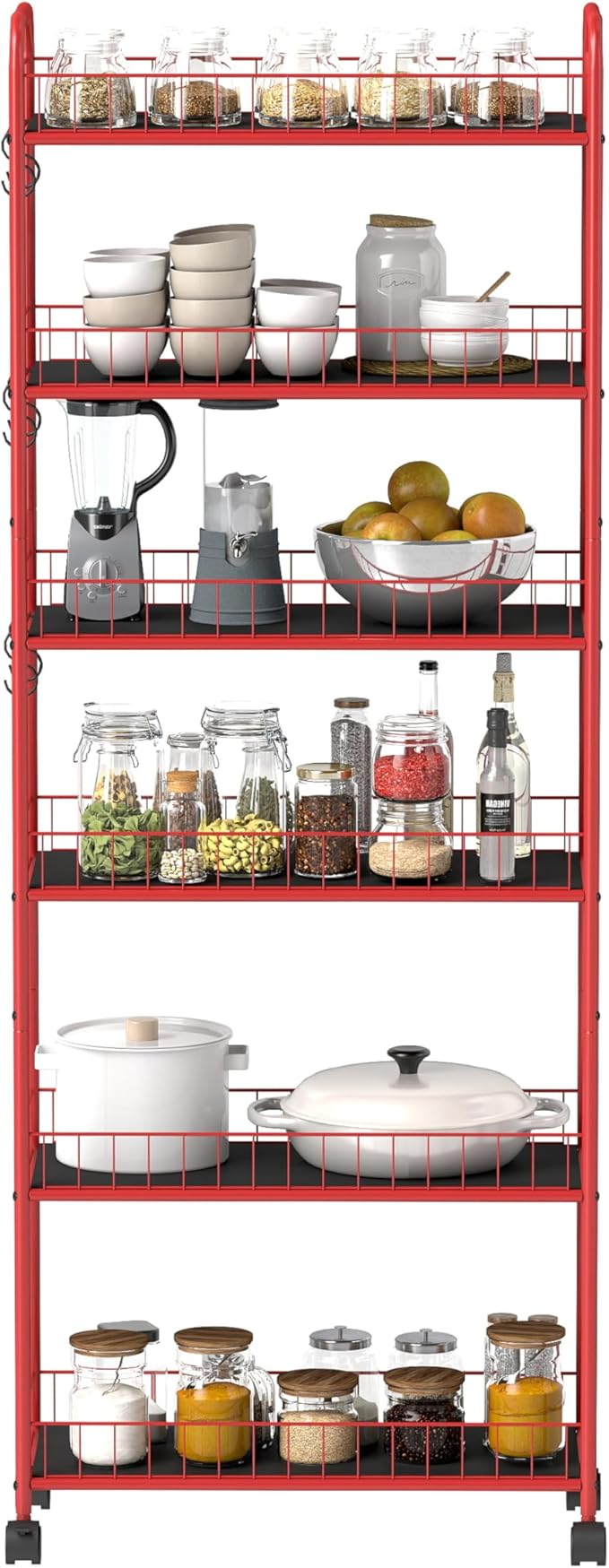 6 Tier Slim Storage Cart with Wheels Metal Rolling Organizer Utility Cart Narrow Mobile Shelving Unit Tiered Storage Shelf on Wheels for Kitchen Bathroom (Red, 10")