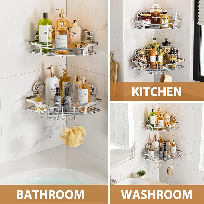 LEVERLOC Powerful Suction Cup Corner Shower Caddy 2 Pack, Stainless Steel Rustproof Shower Shelf with Hooks, Drill-Free Wall Mounted Bathroom Organizer, Large Capacity Removable Suction Basket, Silver