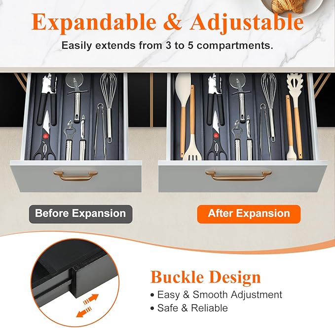 Expandable Large Kitchen Utensil Drawer Organizer Storage Black Bamboo Silverware Organizers Tray Divider Adjustable Spoon Flatware Organizer Wood Cutlery Tray Cooking Utensils Tool Holder Drawer-NeatNest