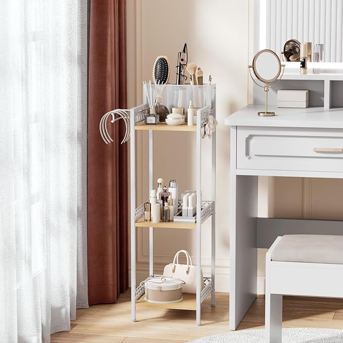 Bathroom Storage shelvesHair Dryer Holder 9.85in White, 3-Tier Narrow Metal Standing Rack with Toilet Paper Holder Cabinet, Multifunctional Corner Unit Stand for Cosmetic Curling Irons Tower-NeatNest