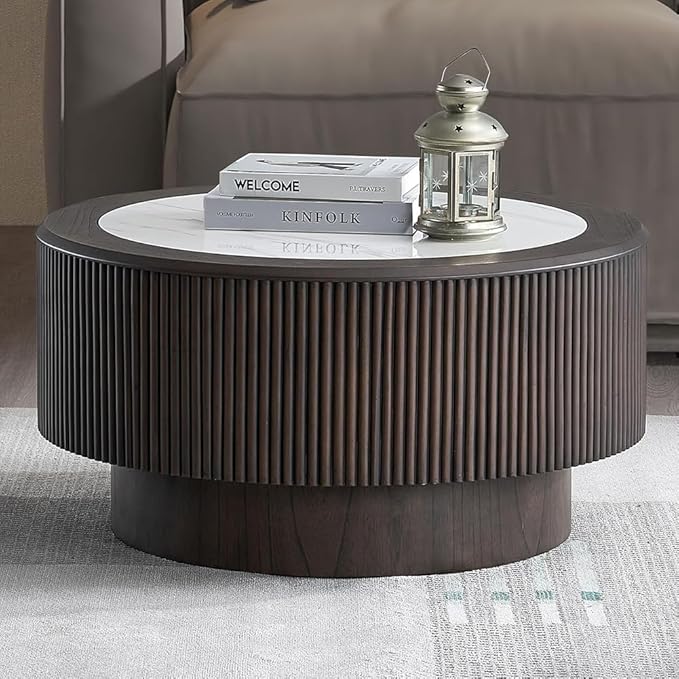 31.5'' Round Marble Coffee Table for Living Room Mid Century Modern Fluted Coffee Table Circle Center Tables with Pedestal for Apartment Dark Brown