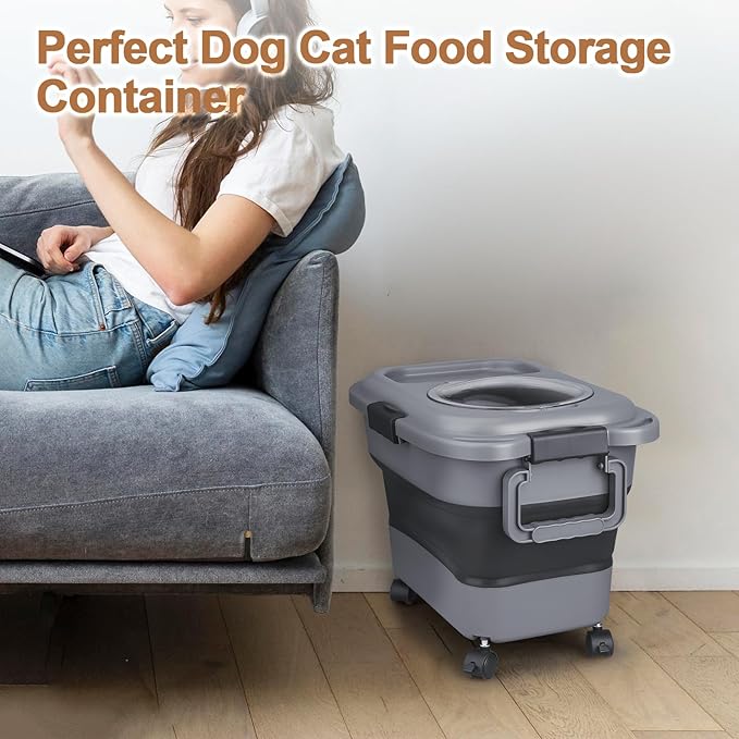 Dog Food Storage Container,10-20 lbs Airtight Collapsible Cat Food Storage Container with Attachable Wheels, Portable Handle, Dog Food Scoop for Dog Cat Bird Pet Dry Food Storage Bin-NeatNest