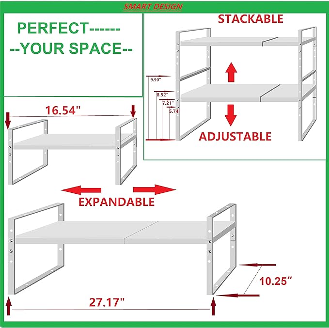 Expandable Stackable Spice Rack Cabinet Shelf Organizer in Cabinets Shelves Kitchen Cupboard Organization Stack up Racks Pantry Countertop Storage Large/White 2 Packs