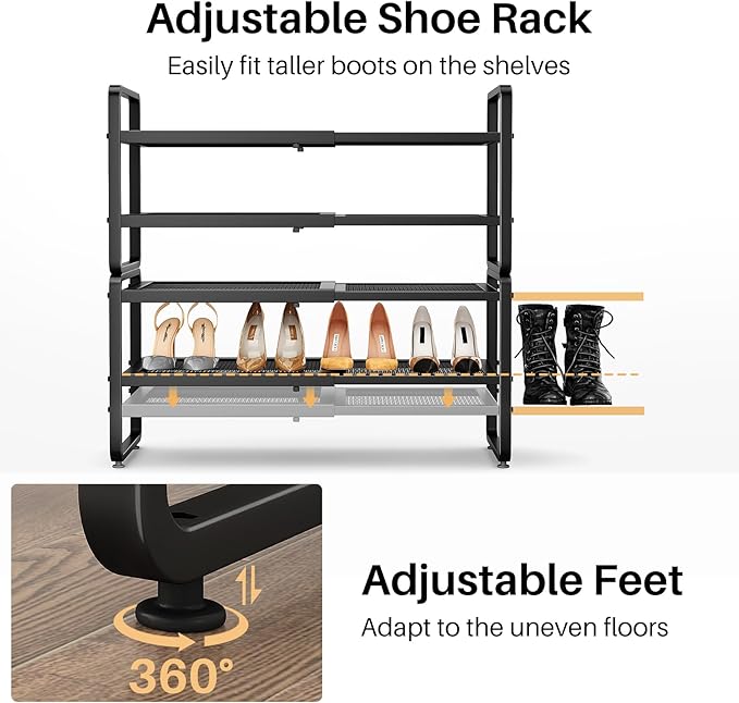 Shoe Rack - Expandable Shoe Organizer for Closet, Adjustable Metal Shoe Shelf Storage, 4 Tier Stackable Long Shoe Stand Holder for Garage, Entryway, Door Entrance, Black-NeatNest