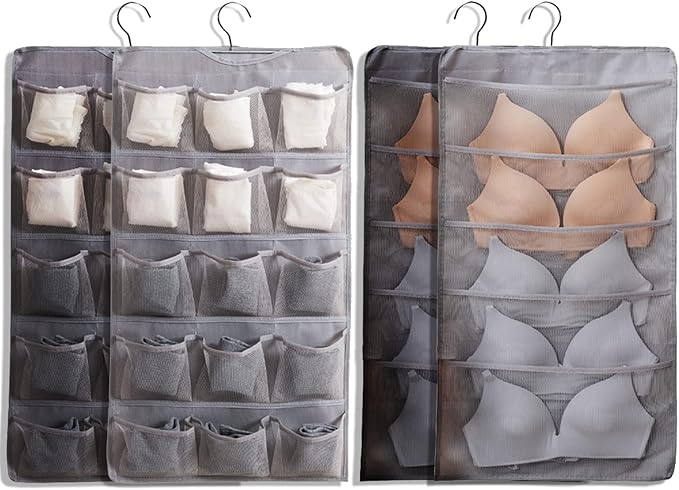 AARAINBOW Hanging Bra Organizer with Pockets, Hanging Sock Organizer, Dual Sided Hanging Closet Underwear Storage Holder for Lingerie, Panty Tie (20+20 Pockets, 2 Gray)-NeatNest