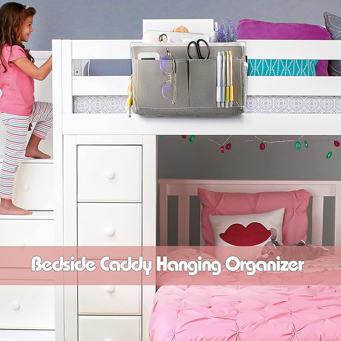 Bedside Caddy Hanging Storage with Water Bottle Holder for Bunk Bed, Hospital Bed, Dorm Rooms (Grey)-NeatNest