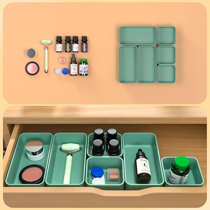 6 Pcs Stackable Drawer Organizer Set Desk Drawer Dividers, Bathroom Vanity Cosmetic Makeup Trays , Multipurpose Plastic Storage Bins for Jewelries, Kitchen Gadgets and Office Accessories, Green-NeatNest