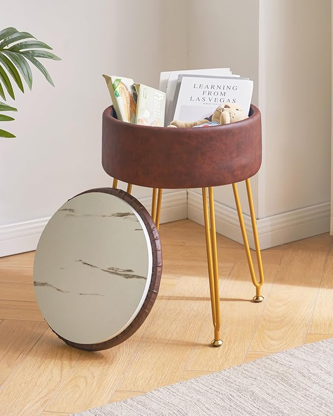 IBUYKE Faux Leather Round Footrest Stool with Storage Ottoman, Makeup Vanity Chair Side Table, PU Dressing Table Seat, Removable Cover, Golden Steel Legs, Dark Brown WBD024Z