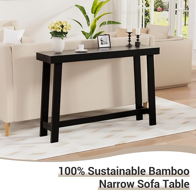 Bamboo Wood Entryway Table 47.2" Console Table, Narrow Sofa Table with Support Beam for Entrance, Hallway, Living Room, Bedroom, Foyer(Black)-NeatNest