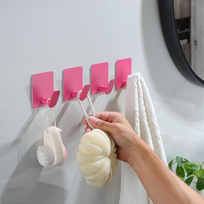 DELITON 4 Pack Hooks for Wall - Cute Kids Wall Hook Adhesive Coat Robe Towel Hooks for Bathrooms Kitchen Heavy Duty Stainless Steel, Pink-NeatNest