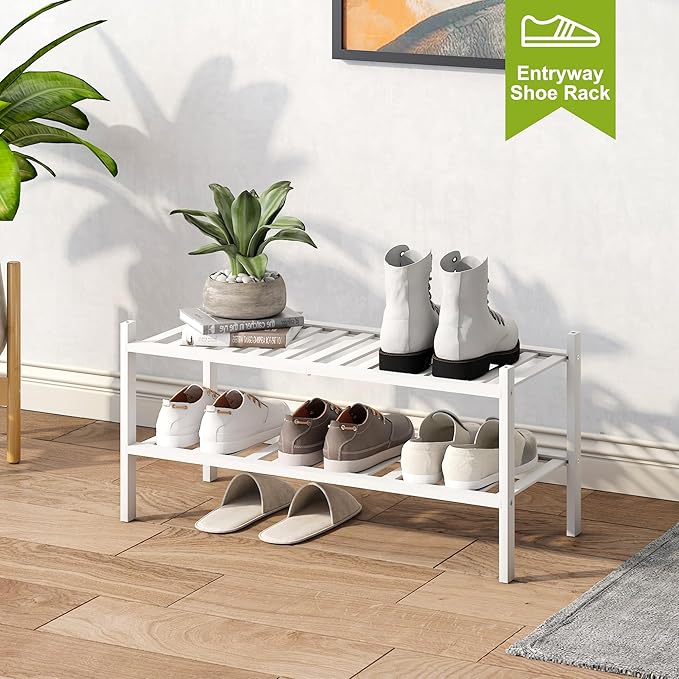 BMOSU 2-Tier Bamboo Shoe Rack Premium Stackable Shoe Shelf Storage Organizer for Hallway Closet Living Room Entryway Organizer(White Bamboo)-NeatNest