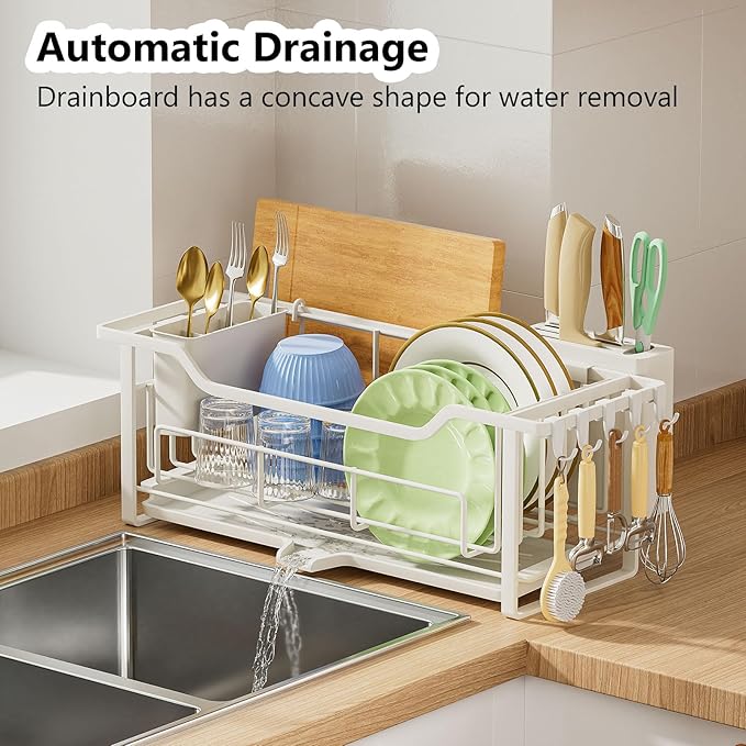 Narrow Dish Drying Rack for Kitchen Counter Auto Drain Iron Dish Drainer with Removable Cutlery Basket, White
