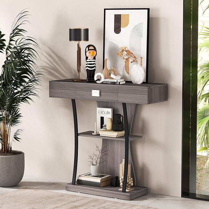 Giantex Narrow Console Table T-Shaped - Behind Couch Table with Drawer, Shelves, Dual Anti-Tipping Kits, Modern Foyer Table, Sofa Side Table for Living Room, Entryway, Hallway, Entry Table (Gray)-NeatNest