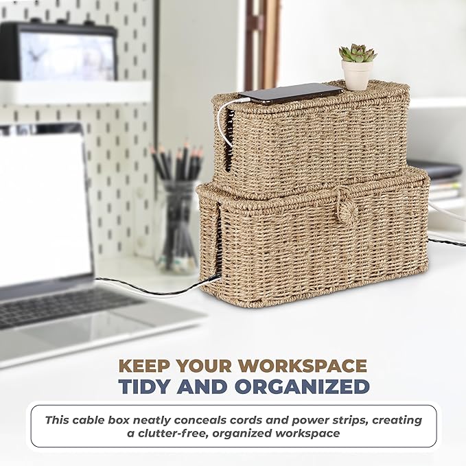 2-Pack Large Cable Management Box, Natural Rattan Cable Cord Organizer Boxes for Power Strip ā 2 Open Slots Cords Hider Box for TV Wires, Computer, Router, USB Hub and Under Desk Power Strip