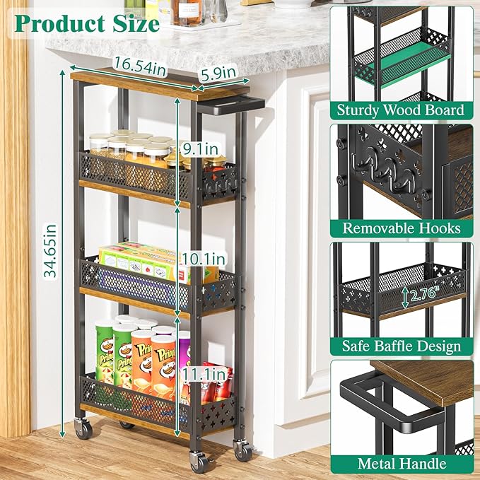 Giwil 4-Tier Slim Rolling Storage Cart for Kitchen Bathroom Organizer, Mobile Narrow Storage Cabinet Utility Cart with Wood Rack on Wheels for Pantry Laundry Small Space