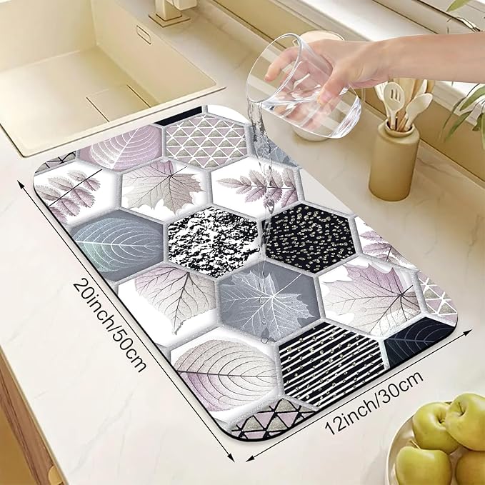 Hexagonal Printed Marble Dish Drying Mats Super Absorbent Dish Drainer Rack Pad Non-Slip Drying Mat for Kitchen Counter, 20"x12"