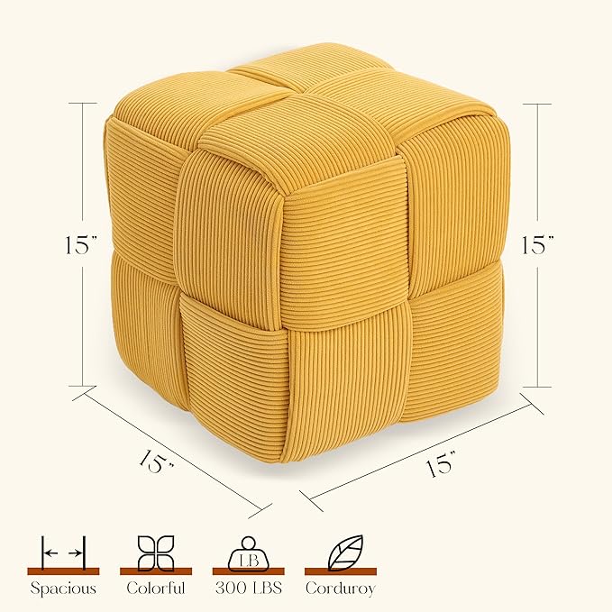 Ottoman Foot Rest Soft and Comfortable Ottoman Square Corduroy Woven Design Sofa Stool (Yellow)