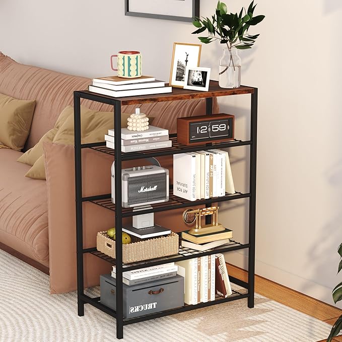 Yusong Shoe Rack Organizer, 5 Tier Industrial Shoe Storage Shelf, Narrow Sturdy Metal Shoe Shelves for Closet Entryway, Rustic Brown-NeatNest