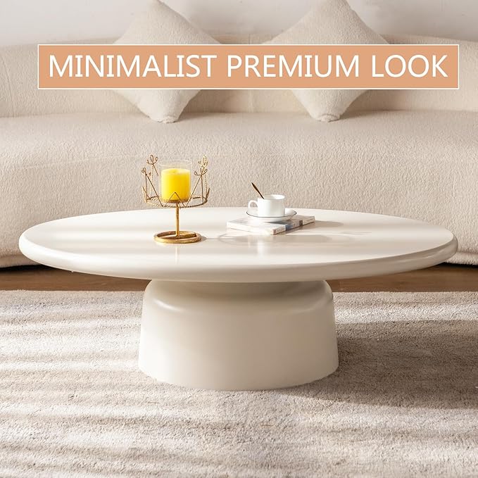 Creamy White Oval Coffee Table 45.6" Cute Corner Center Tables with Sturdy Pedesta Modern Wood Tea Table Low Floor Tables for Living Room Bedroom Easy Assembly,Oval Table-NeatNest