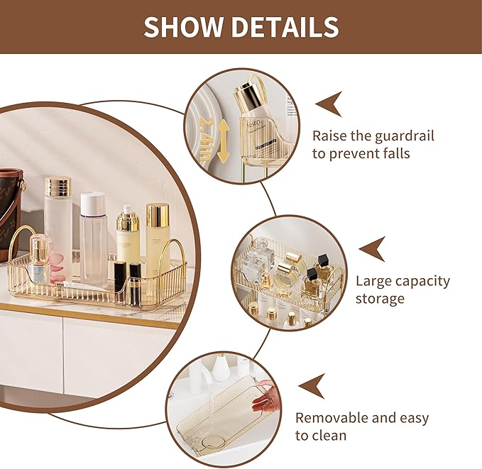 Bathroom Organizer Countertop, Vanity Tray for Skincare Makeup, Counter Organizer for Cosmetics, Toiletries, Lotions, Perfumes (1 Tier, Amber)-NeatNest