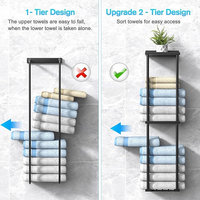 Towel Rack for Bathroom, Wall Mounted Vertical Rolled Towel Storage Organizer Holder with Shelf, Holds Up 6 Large Bath Sheets, Black