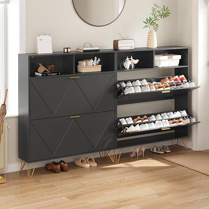 Shoe Cabinet with 2 Flip Drawers, Black Shoe Organizer Cabinet for Entryway Slim, Hidden Shoe Storage with Open Shelf & Metal Legs, Freestanding Tipping Bucket Shoe Rack Cabinet-NeatNest