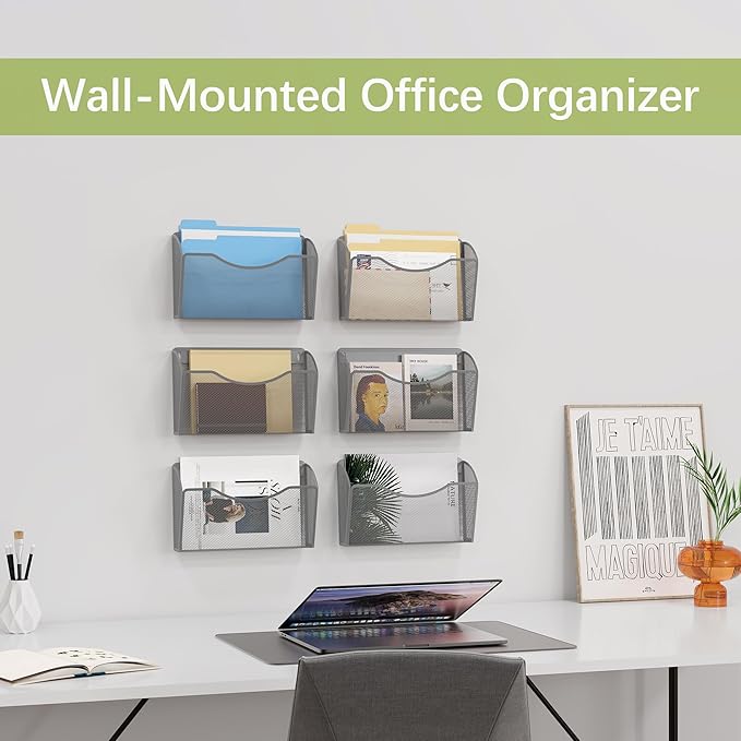 EasyPAG 6 Pack Wall File Holder, Single Mesh Hanging File Organizer for A4 Letter Size Paper, Wall Mount Paperwork Basket for Office, Home, School, Silver