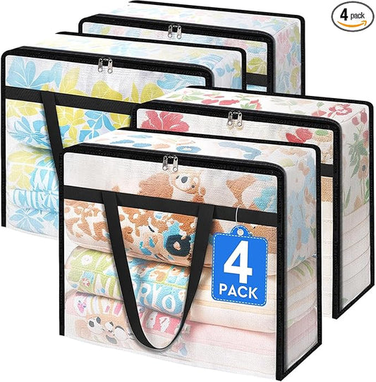 BlissTotes 4 Pack Clear Clothes Storage Bags, Under Bed Storage Containers, Foldable Blanket Storage Moving Bags with Sturdy Zipper and Handle for Clothing, Comforter, Bedding, Sheet (90L)-NeatNest