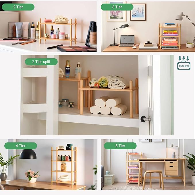 Bamboo Rack | Tool-Free Expandable (2-6 Tiers) | Kitchen Spice Organizer & Office Breakroom Snack/Cup Storage (Natural Bamboo)(Powered by Gogogo) (Natural, 15.6" W(2 Tier))-NeatNest
