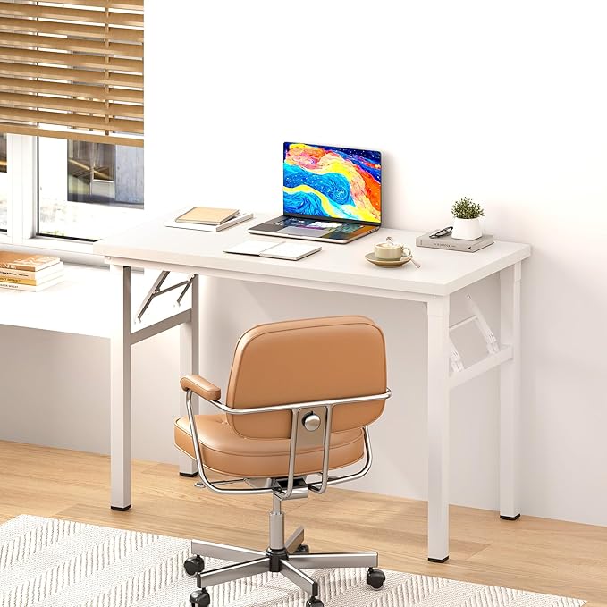 DlandHome Folding Desk - 31.5 Inches, Small Computer Desk for Home Office, Folding Table, Writing Table for Small Spaces, No Assembly Required, White & White Frame-NeatNest