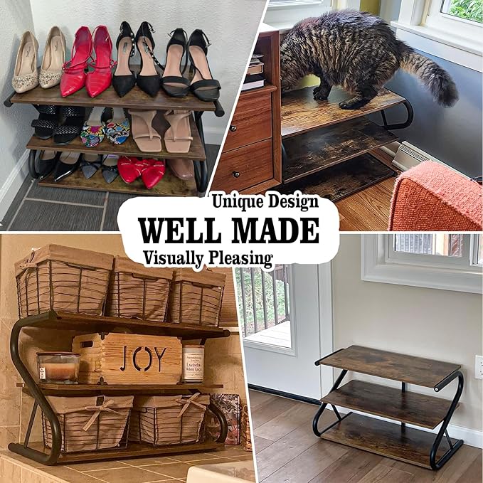 3-Tier Shoe Rack, Z-Frame Wooden Shoe Shelf with Durable Metal Shelves for Hallway, Living Room, Closet, Bedroom (Rustic)-NeatNest